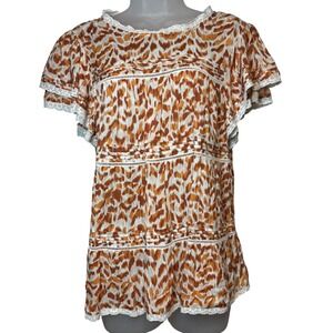 DR2 Tiered Ruffle Sleeve Blouse Sz M Rust Orange Lace Boho‎ Chic
